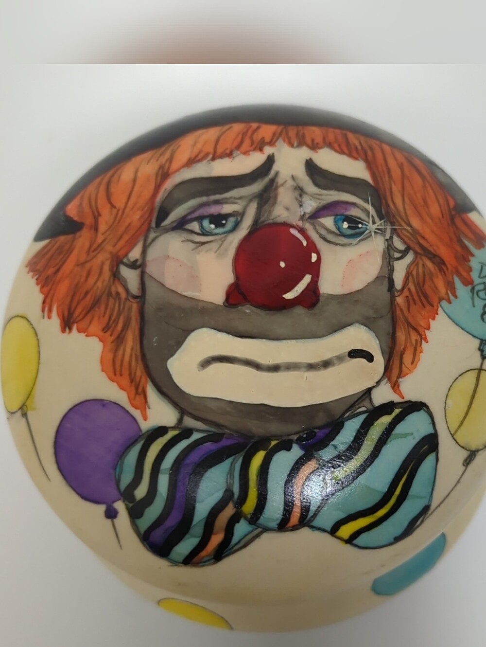 Vintage 1985 Clown Face Trinket Box Signed DSRoss Hand Painted 1985 Ceramic